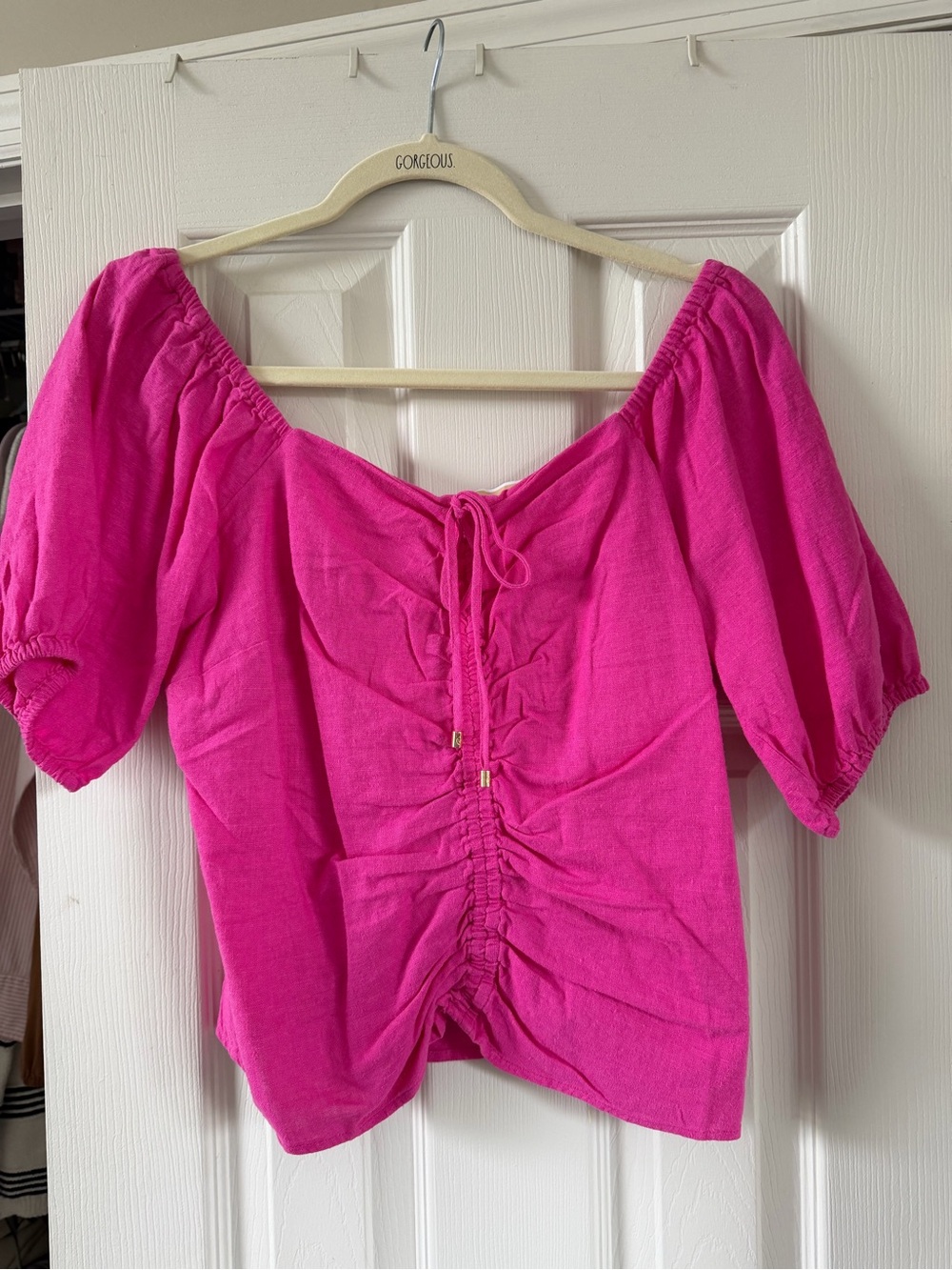 Michael Kors Hot Pink Ruched Puff-Sleeve Tunic Top